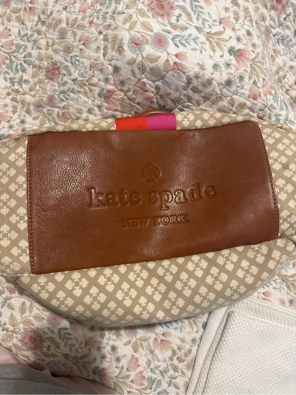 kate spade Beige Canvas Tote/Diaper Bag with Pink and Red Center Stripe